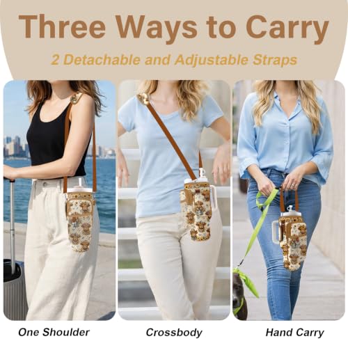 Water Bottle Carrier Bag for Stanley Cup 40/30oz, Neoprene Water Bottle Holder Pouch with 3 Pocket Adjustable Shoulder & Hand Strap - color: Floral Highland Cow