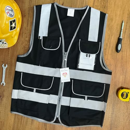 8 Pockets High Visibility Reflective Safety Vest, Black M - color: Black-01, size: Medium