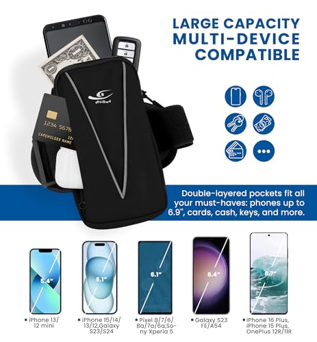 HiRui Cell Phone Holder Arm Bag & Wrist Bag for Phone, Sports Running Armband for Gym & Cycling, Compatible with iPhone 17/17Pro/Plus/16/15 Samsung Galaxy All Phones, Reflective & Adjustable (Black) - color: Black