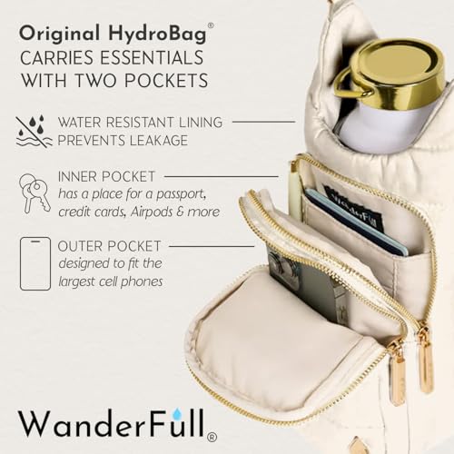 WanderFull Original HydroBag Crossbody Water Bottle Holder with Phone Pocket, Fits Water Bottles up to 32 oz - color: Ivory Lacquer - Patterned Strap
