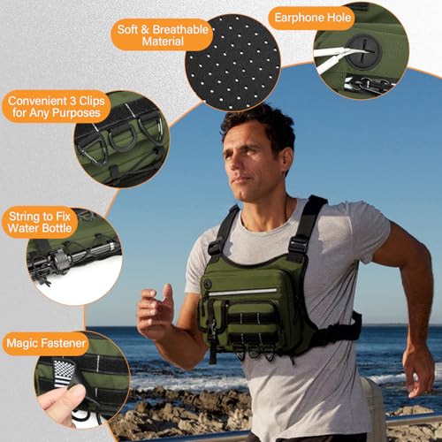 HAMBOLY Chest Bag for Men and Women, Tactical Running Chest Pack with Pistol Holster - color: Black and Army Green