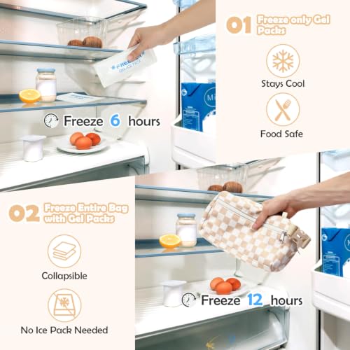 Fammart Freezable Snack Bag with Removable Ice Packs, Small Insulated Lunch Bag Mini Cooler, Leakproof Reusable Snack Lunch Box with Buckle Handle for Work, Travel, Office - Checkered Khaki - color: with Ice Packs - Checkered Khaki