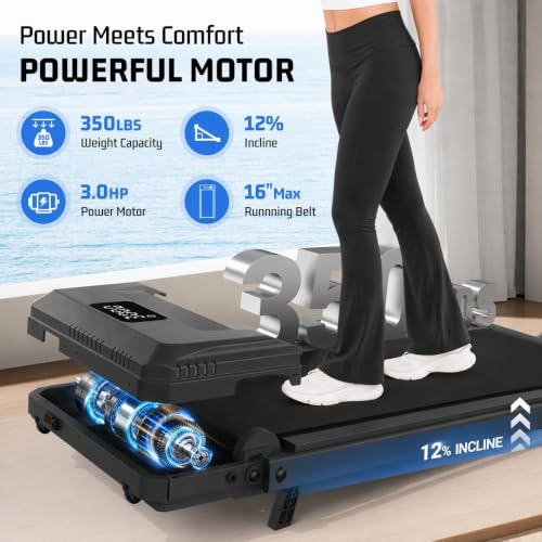 FUNMILY Upgrade Walking Pad Folding Treadmill with 12%/15% Incline & Handle Bar, 3.5HP Foldable Under Desk Compact Treadmills for Home/Office/Gym, 400+lb Capacity, Shock Absorption - color: Best Black