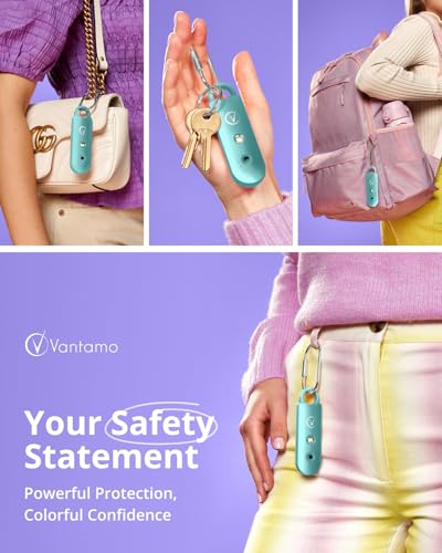 Vantamo Personal Alarm for Self Defense with Low Battery Notice, Strobe Light & Extra Loud 130 dB Double Speakers Safety Keychain Set for Women, Rechargeable Panic Button for Womens Self Defense - color: Metallic Aquamarine