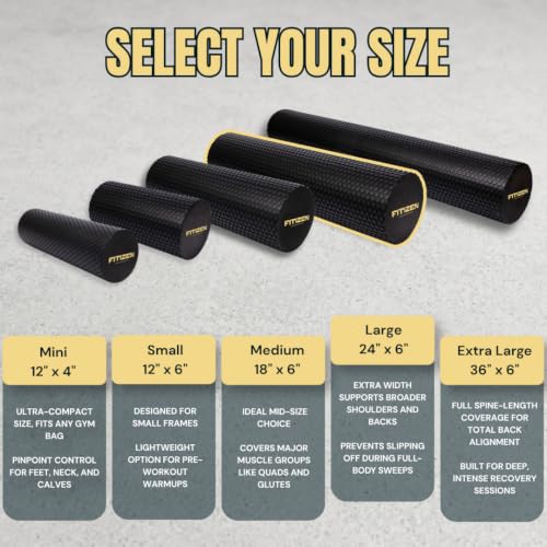 Foam Roller for Muscle Massage, Stiff Back Pain Relief, Physical Therapy, Deep Tissue, Exercise Equipment for Home Gym, Stress, Yoga, Pilates for the Fit Citizen (Black, Large 24 x 6 Inches) - size: Large 24 x 6 Inch