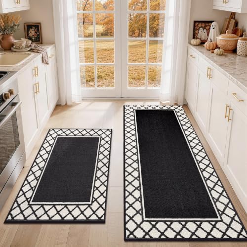 COSY HOMEER Washable Kitchen Rugs Sets of 2 Non-Slip Kitchen Mats,Black - color: Black, size: 24"x35" + 24"x60"