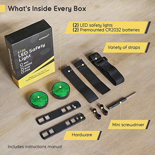 Everbeam E100 LED Safety Lights for Walking at Night - Waterproof Bike LED Light Excellent for Runners, Cycling, Dog Walking, Kayaking-Bright Clip On LED Light, Many Straps for Wearing - 2 Pack, Green