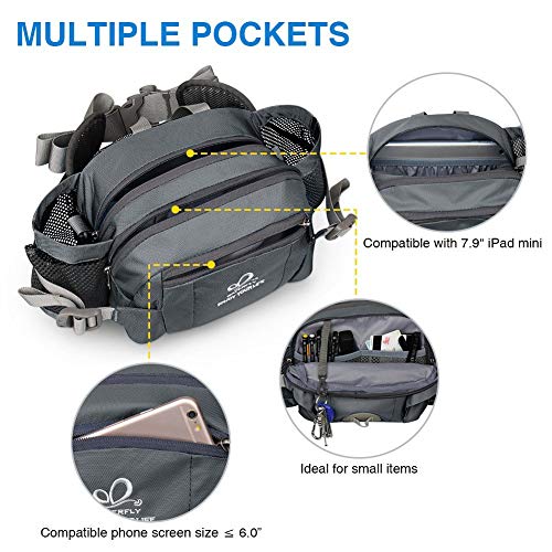 WATERFLY Fanny Pack Waist Bag: Fannie Pack 2 Water Bottle Holders Lumbar Belt Hiking Walking Running Jogging Camping Large Woman Man (Bottle Not Included) - color: Gray