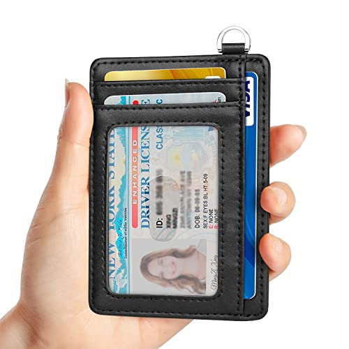 Slim Minimalist Front Pocket Wallet, RFID Blocking Credit Card Holder Wallet with Integrated D-Shackle for Men Women - color: Cowhide Black