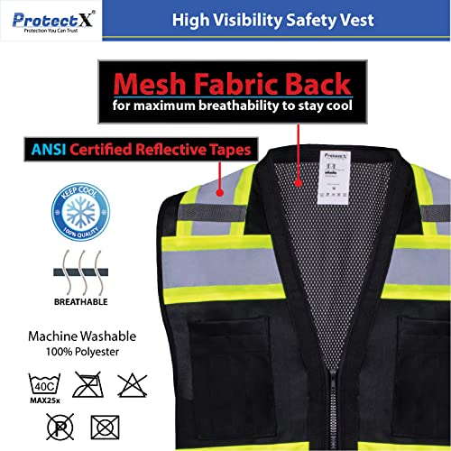 ProtectX High Visibility ANSI Class 2 Safety Vest with 6 Pockets - color: Black - Mesh Fabric 3-pack, size: Small