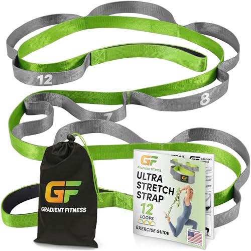 Physical Therapy Yoga Stretch Strap with 12 Loops, 1 Inch Wide, 8 Ft Long - color: Green/Grey