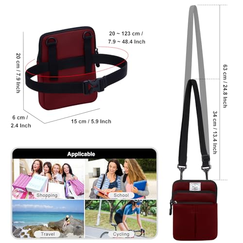 KAMO Multifunction Phone Waist Bag - One Shoulder Diagonal Cross Smart Case - Triple Zip Hipster Crossbody Purse for Women & Men - Outdoor - color: Crimson