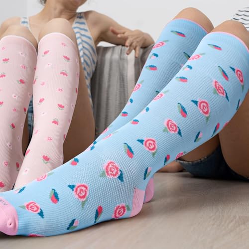 LEVSOX Compression Socks Women and Men, 20-30mmHg, Best for Nurses, Travel, Pregnancy - color: 4 Pairs Flower, size: Small