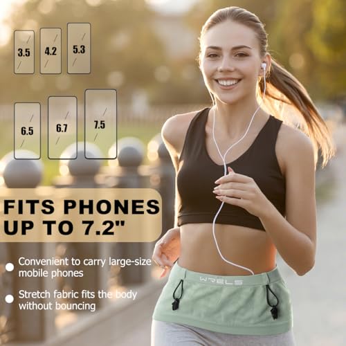 WRELS Slim Running Belt with Bib Number Clip,Elastic Phone Holder Fanny Pack for Women Men,Large Capacity Fitness Waist Pack Holds Water Bottle, Keys, Cards - color: Green-L