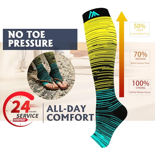 Compression Socks for Women&Men 20-30mmHg Graduated Knee High Stocking - color: 05-5 Pairs Open Toe Multi Stripe 02, size: Large-X-Large