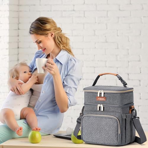 Breastmilk Cooler Bag with Ice Pack Fits 6 Baby Bottles Up to 9 Ounce, Double Deck Leak-Proof Baby Bottles Bag with Shoulder Strap for Nursing & Working Mom, - color: Grey with pocket