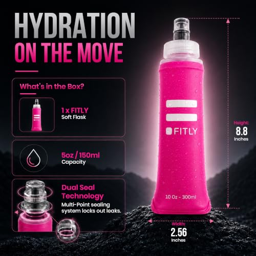 FITLY Soft Flask Running Water Bottle - Collapsible Hydration Flask - color: Pink, size: 10 Ounces