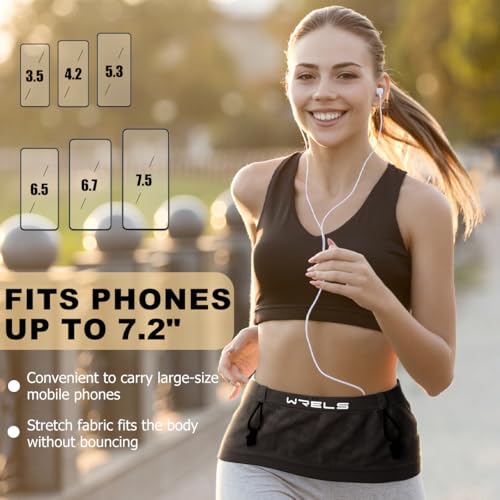 WRELS Slim Running Belt with Bib Number Clip,Elastic Phone Holder Fanny Pack for Women Men,Large Capacity Fitness Waist Pack Holds Water Bottle, Keys, Cards - color: Black-M