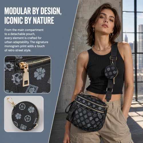 Makes Checkered Crossbody Bag Bum Bag for Women with Pouch - color: Black Flower