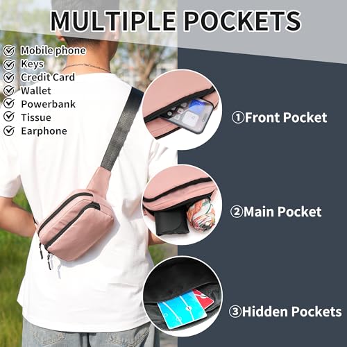 Fanny Pack Nylon Mini Belt Bag Everywhere Belt Bag for Women Water Repellent Waist Packs Crossbody Bags with Adjustable Strap - color: Pink