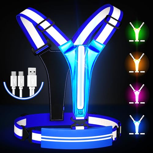 LED Reflective Vest Running Gear, USB Rechargeable Light Up Running Vest Chest Phone Holder for Runners Night Walking - color: Blue
