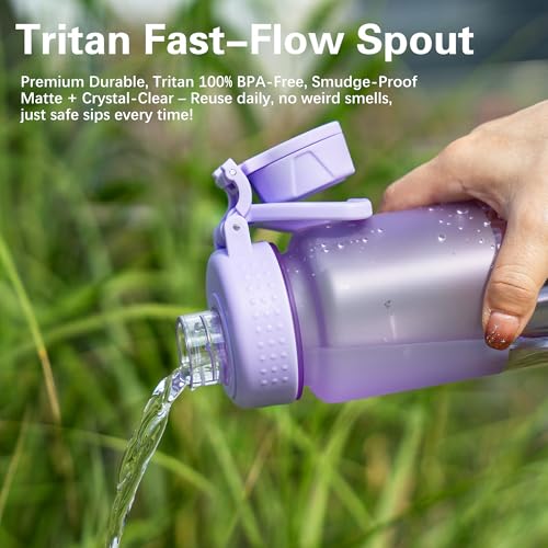 OLDLEY 32 oz Water Bottle with Handle, BPA-Free Tritan Reusable Sports Water Bottle with Leak-Proof Dust Lid, Wide Mouth, Cup Holder Friendly, Half Frosted Clear Bottle for Gym, Travel, Work,Purple - color: Purple