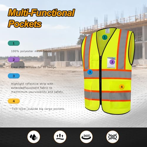 Safety Vest for Men 5 Pockets Mesh High Visibilitv Vest, Yellow L - color: Yellow, size: Large