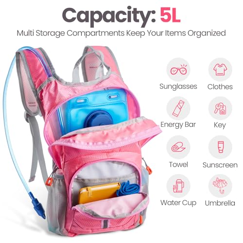 Shinylin Kids Hydration Backpack with 1.5L Water Bladder Hiking Backpack Lightweight for Boys or Girls Children Biking Climbing Running Cycling - color: Pink, style: Classic