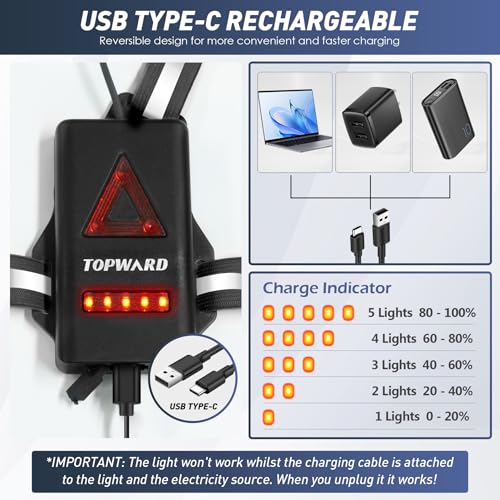 Topward Running Lights for Runners USB-C Rechargeable, Chest Headlamp with 500 Lumen Adjustable Beam, Safety Light for Walking Dog at Night - color: Black