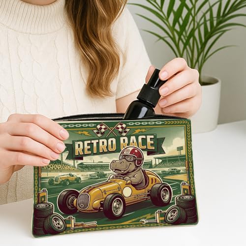 Retro Race Cosmetic Bag, Hippo Racing Pattern Travel Pouch for Men, Portable Small Canvas Zipper Organizer, Everyday Skincare Toiletry Bag 7x9 Inch