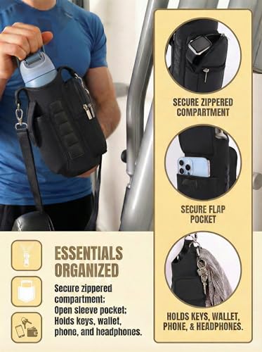 RICHEN Magnetic Gym Bag,Magnets Gym Water Bottle Bag Carrier Holder with Pockets & Strap Fit for 18 to 40 oz Owala Hydro Flask Yeti, Gym Accessories for Men Women,Walking, Hiking - color: Charcoal Black
