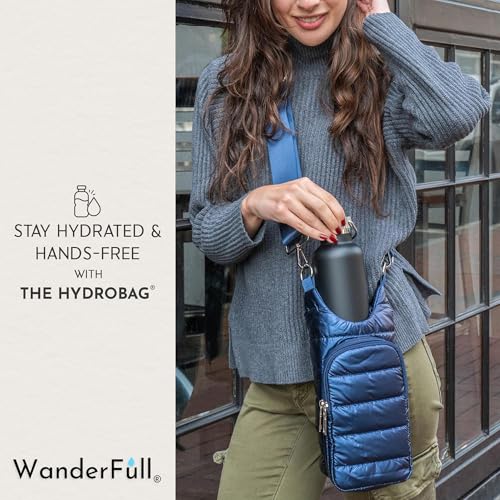 WanderFull Original HydroBag Crossbody Water Bottle Holder with Phone Pocket, Fits Water Bottles up to 32 oz - color: Navy Blue Shiny