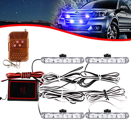 4x4 LED 4 in 1 Surface Mount Grill Light DC12V Remote Emergency Flashing Beacon Lamp Ambulance Police Light Strobe Warning External Light For Truck Trailer Caravan Van (Blue) - color: Blue, size: 4 in 1