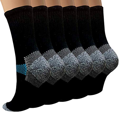Sooverki Copper Compression Socks Women and Men 6 Pairs - Circulation Arch Support Plantar Fasciitis Running Ankle Socks - color: B3 - 6 Pairs - Black - Crew, size: Large-X-Large