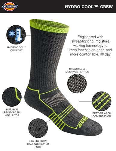 Dickies Men's HYDRO-COOL Moisture Control Crew Socks (6 Pairs) - color: Hi-vis Char Assorted (6 Pairs)