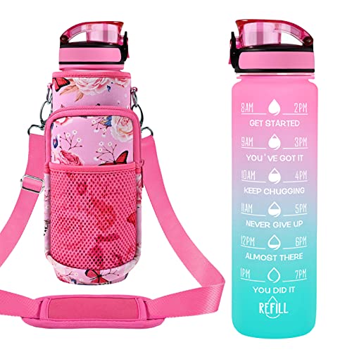 32 oz Water Bottles with Strap & Straw, Sport Motivational Water Bottles - color: Butterfly in Love