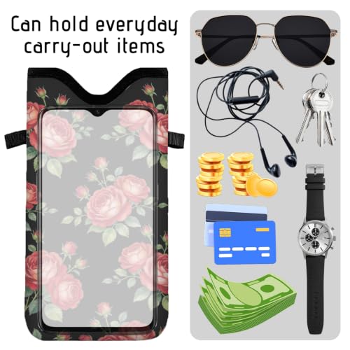 GLOBLELAND Roses Cell Phone Sleeve Pouch Case Bag 7.1×3.9 inch Flowers Shockproof Universal Phone Bag with Crossbody Strap Neck Lanyard for Women Men Phone Headphones Watch - color: Roses