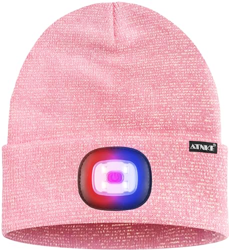 ATNKE LED Lighted Beanie Hat,USB Rechargeable 4 LED Red and Blue Flashing Running Headlamp Cap Gifts for Men and Women - color: #Blended Pink Goldwire