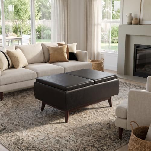 SIMPLIHOME Owen 34" Wide Vegan Leather Rectangle Tray Top Ottoman in Black - color: Distressed Black