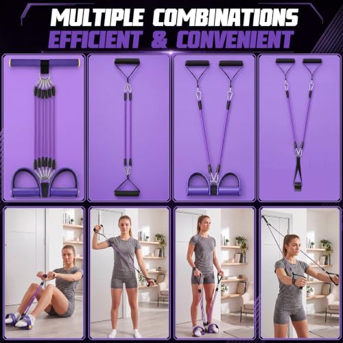 Arrowbash Upgrade 6 Tubes Foot Pedal Resistance Band Adjustable Pedal Puller Resistance Band with Handle Multifunction Fitness Bands for Men Women Abdomen Arm Leg Stretching - color: Purple, size: 150 Lbs