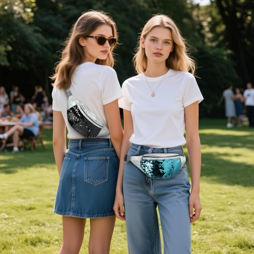 Holographic Sequined Fanny Packs for Women, Waist Belt Bag Fashion, Crossbody Bum Bag for Running, Blue - color: Blue