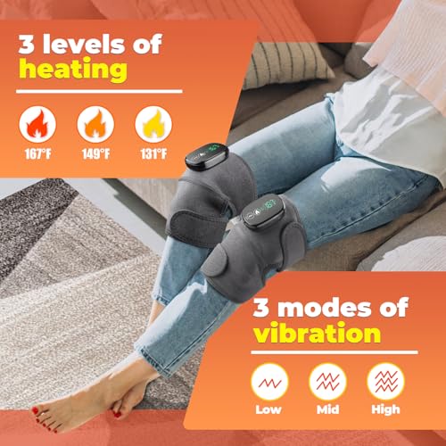 Cordless Knee Massager with Heat, 3-in-1 Heated Knee Massager for Knee Elbow Shoulder Wrap with 3 Vibration & Heating Modes (2 PACK) - style: Grey 2 Pack