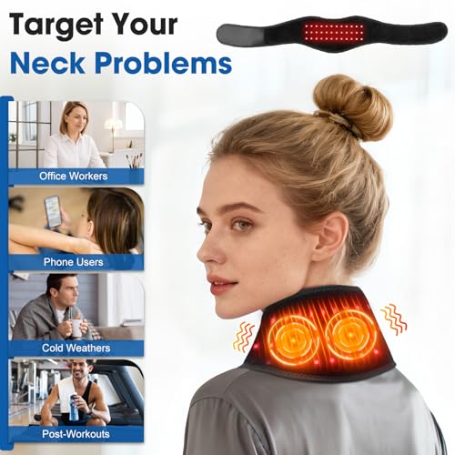 Cordless Neck Heating Pad for Pain, Neck Massager with 660nm 850nm Red Light, Neck Heating Pad for Pain Electric, Heated Neck Brace Wrap for Soreness Stiffness Pain Relief