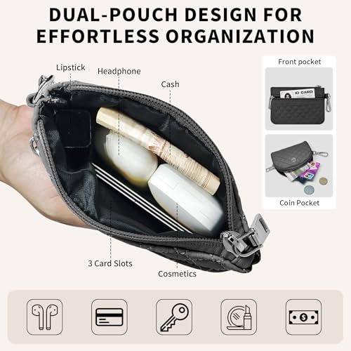 Keychain Wristlet Wallet for Women Zippered Dual Pouch Wristlet Nylon Coin Purse Small Wallet with Key Ring - color: Quilted-black
