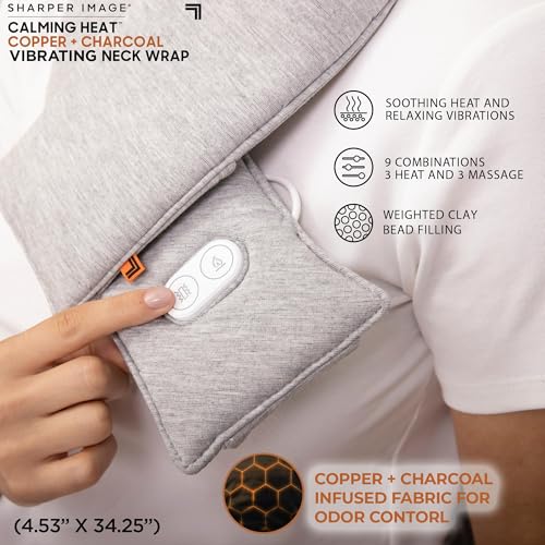Calming Heat Neck Wrap by Sharper Image Copper & Charcoal Infused Personal Electric Neck Heating Pad with Vibrations, 3 Heat & 3 Vibration Settings- 9 Relaxing Combinations - size: Neck Wrap - 9 Combinations