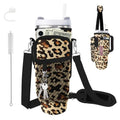 Water Bottle Carrier Bag for Stanley Cup 40oz/30oz with Phone Pocket, Neoprene Water Bottle Holder with Adjustable Shoulder & Handle Strap, Stanley Cup Accessories for Walking Travel Gym - color: Brown Leopard Print