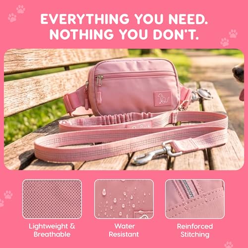 Hands Free Dog Leash with Zipper Storage Pouch - Waist Belt Bungee Running, Walking & Hiking Leash - Padded Handle - Seat Belt Attachment - Reflective No Pull Control for Medium Large Dogs 10-120 lbs