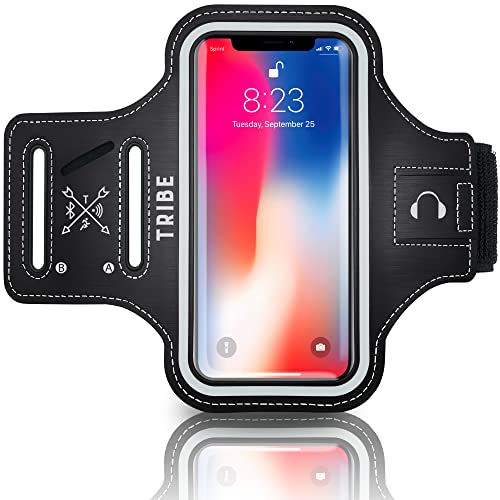TRIBE Water Resistant Cell Phone Armband Case Running Holder for iPhone Pro Max Plus Mini SE (13/12/11/X/XS/XR/8/7/6/5) Galaxy S Ultra Plus Edge Note (21/20/10/9/8/7/6/5) Adjustable Strap & Key Pocket - color: Black/Grey, size: S: iPhone Mini/8/7/6/5/4/3/