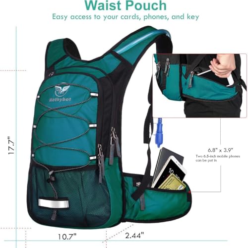 Mothybot Insulated Hydration Backpack Pack with 3L BPA Free Leak Proof Water Bladder, Large Storage Lightweight Hiking Daypack with Waist Pouches & Cooler Layer, for Running, Biking, Camping, Festival - color: Matte Emerald