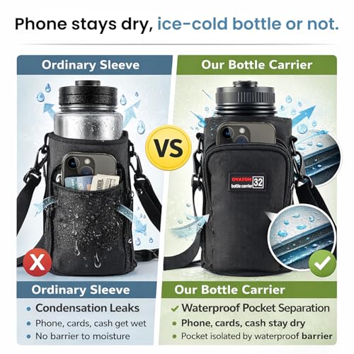 32 oz Insulated Water Bottle Holder with Strap & Pocket for Walking - color: Black-1, size: 32oz